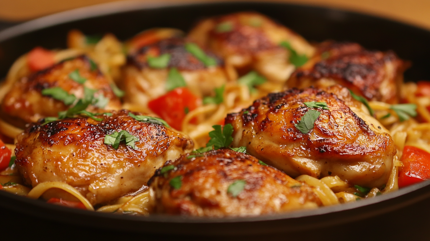 Homemade one-pan chicken with buttered noodles garnished with fresh herbs