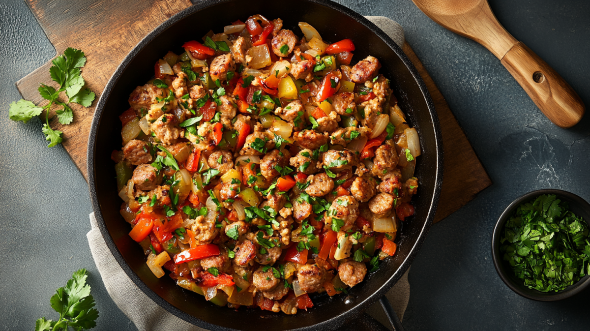 Cast iron skillet filled with sausage, colorful bell peppers, and onions garnished with fresh cilantro on a wooden cutting board