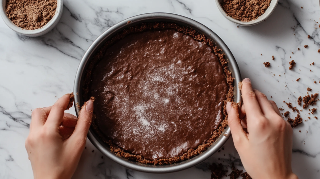 "Pressing chocolate cookie crust into pie pan