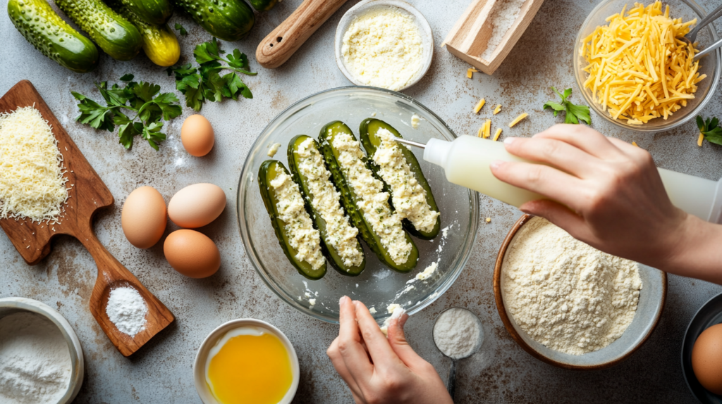 Stuffing pickle spears with cream cheese filling using a piping bag