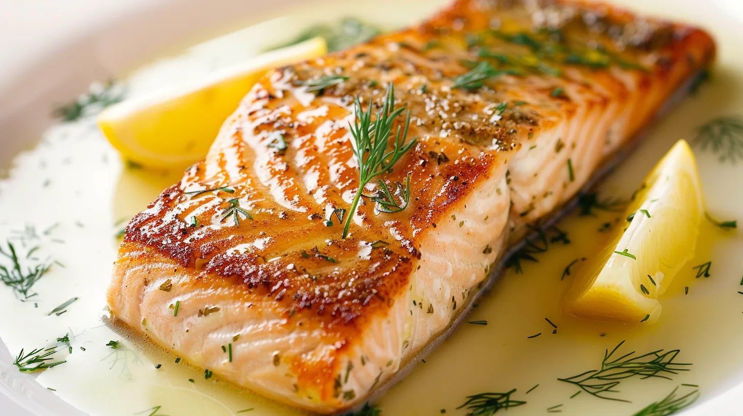 Parmesan herb-crusted salmon fillet with golden crust and lemon butter sauce
