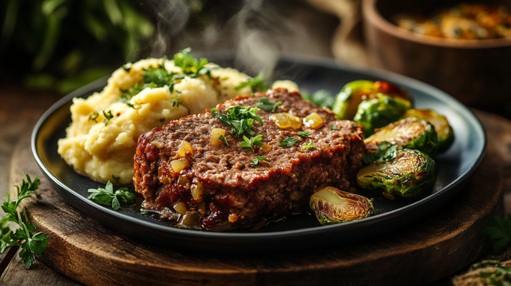 Plated slice of bacon mushroom Swiss cheese meatloaf with sides