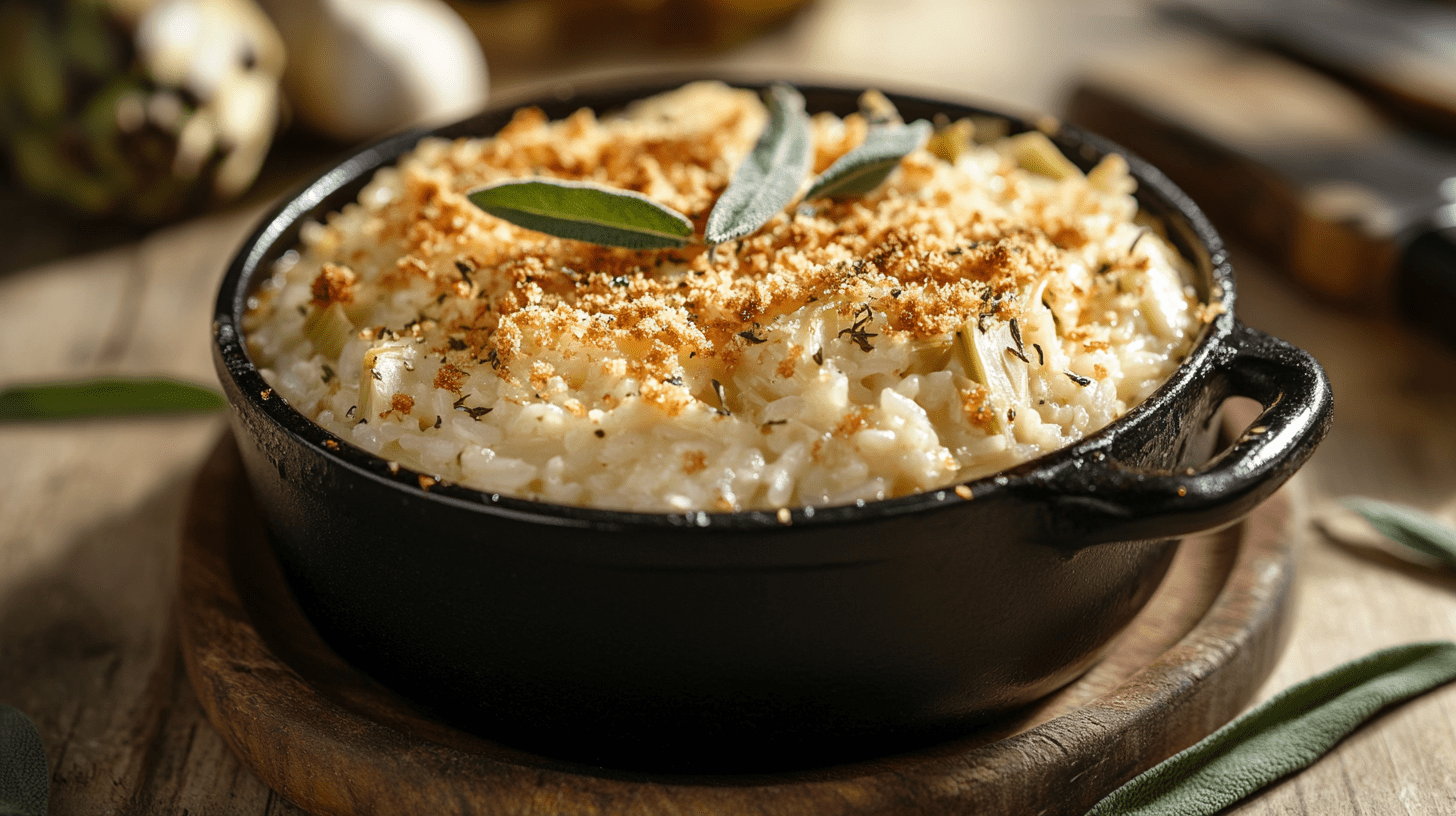 Creamy risotto served in a black ceramic bowl, topped with golden breadcrumbs and fresh sage leaves