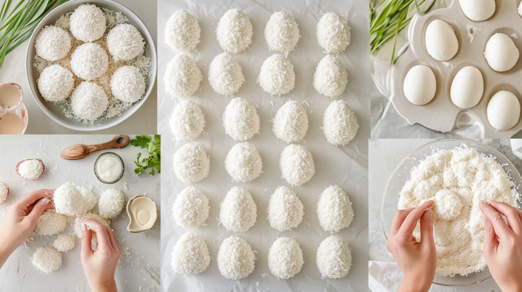 Step-by-step process of making Easter coconut treats shaped like bunnies