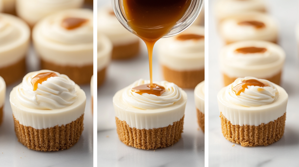 Step by step process of making salted caramel cheesecake cupcakes
