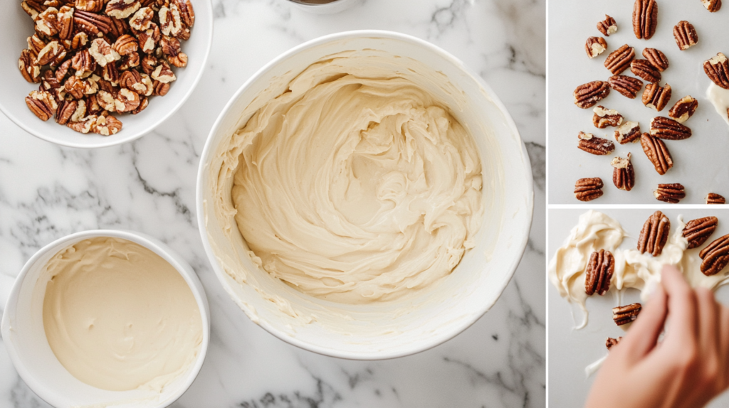 Step-by-step process of making buttermilk pecan bread showing mixing, folding, and pan preparation