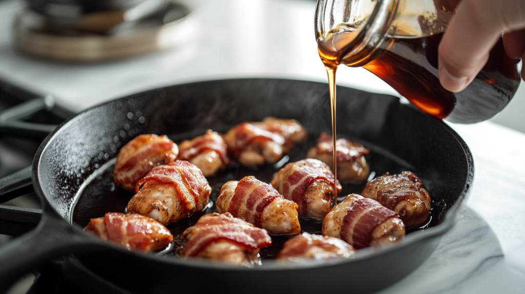 Step by step process of making turkey bacon wrapped chicken bites
