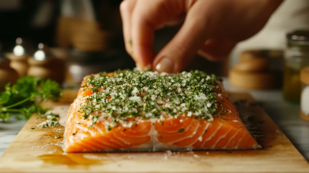 Step by step process of coating salmon with herb Parmesan crust