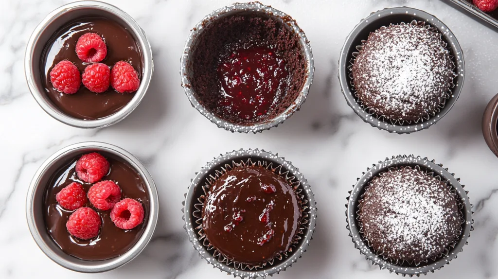 Step-by-step process of making chocolate raspberry lava cupcakes