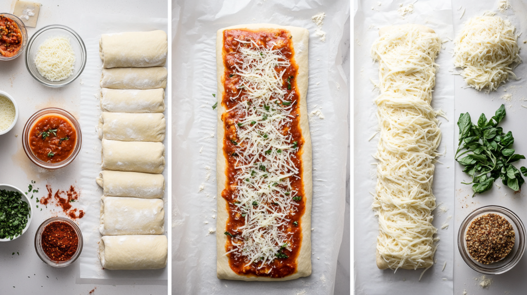 Step-by-step process of assembling and preparing pizza-stuffed breadsticks
