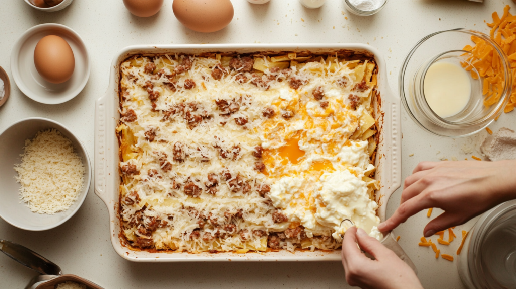 Step-by-step assembly of sausage and hashbrown breakfast casserole showing layering process