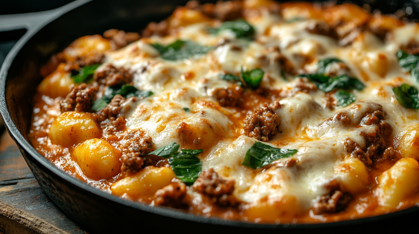 Creamy ground beef gnocchi in cast iron skillet with melted cheese and spinach