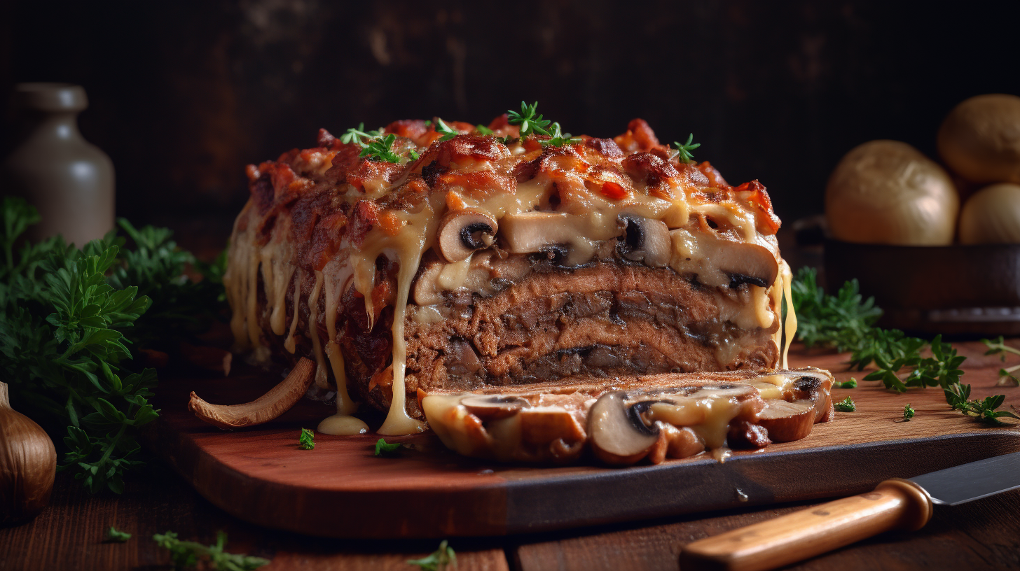 Sliced bacon mushroom Swiss cheese meatloaf showing melted cheese layers and crispy bacon top