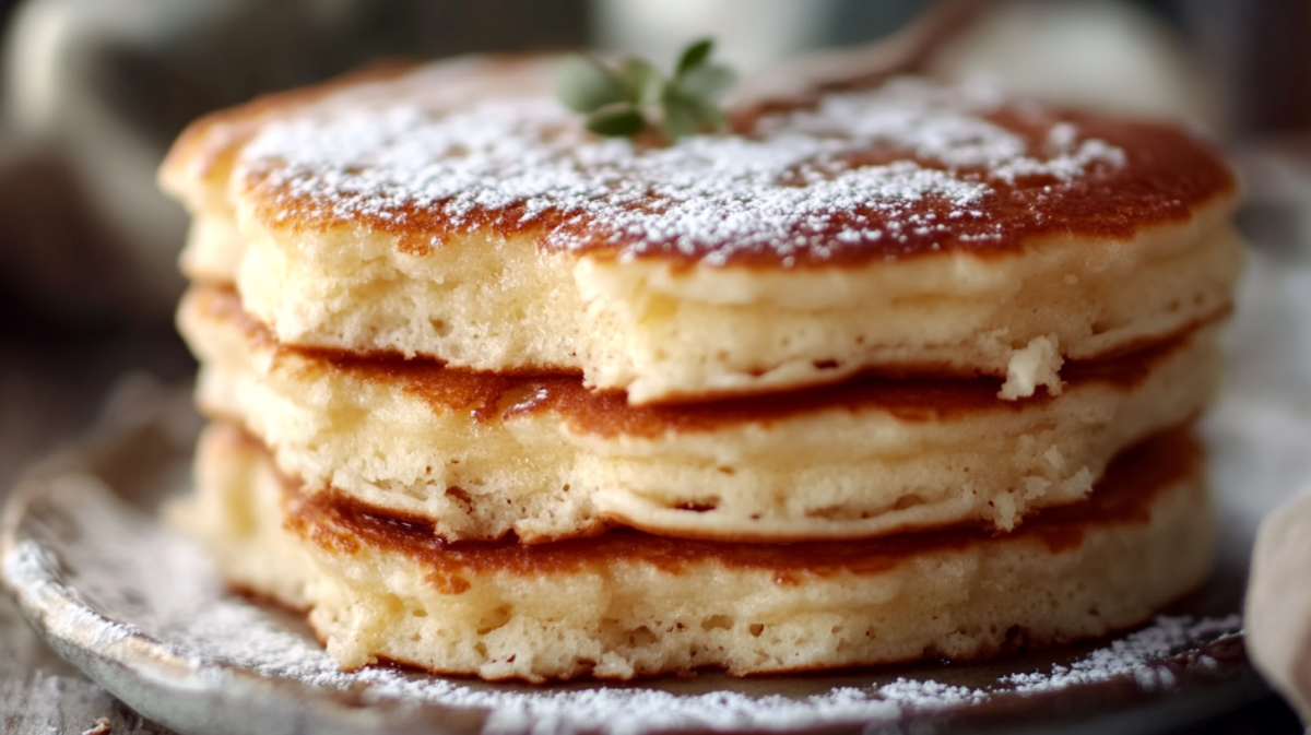 Stack of three fluffy pancakes dusted with powdered sugar