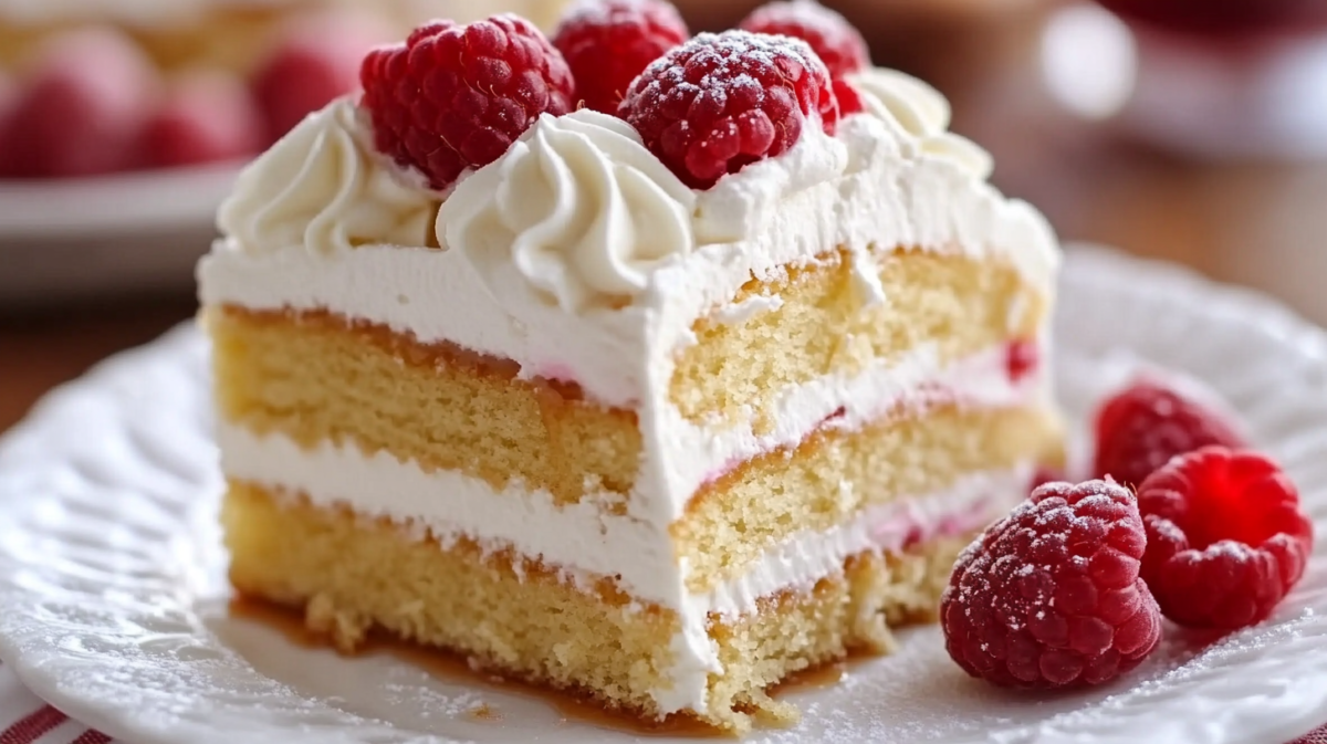 Slice of vanilla caramel cake with whipped cream frosting and fresh raspberries on a white plate