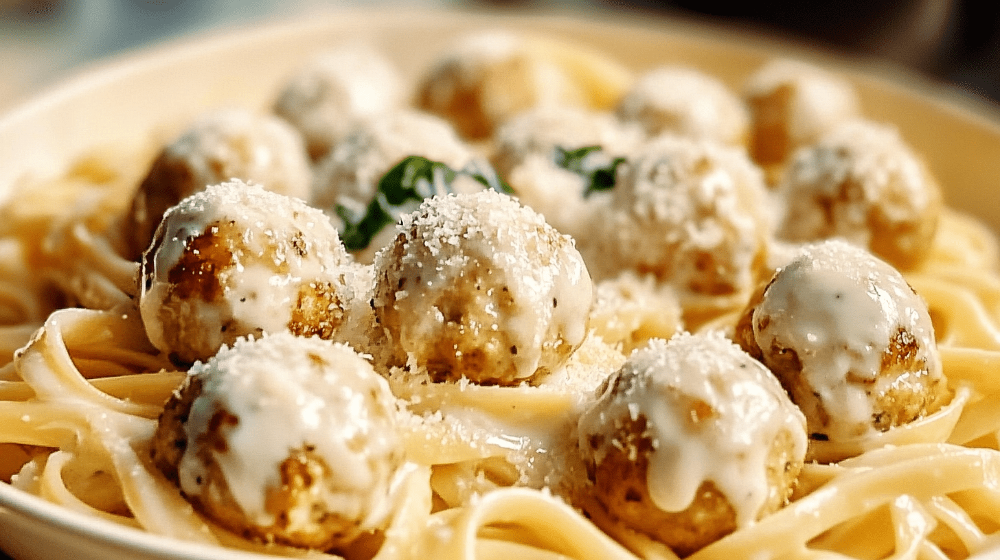 Garlic butter chicken meatballs covered in creamy parmesan sauce served over fettuccine pasta, garnished with fresh herbs and grated parmesan