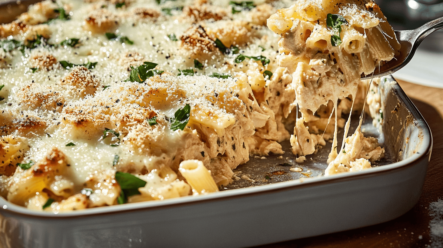 Baked pasta dish with shredded chicken in a creamy white sauce, topped with melted cheese, breadcrumbs, and fresh herbs, shown being lifted with a fork to display its stretchy, cheesy texture