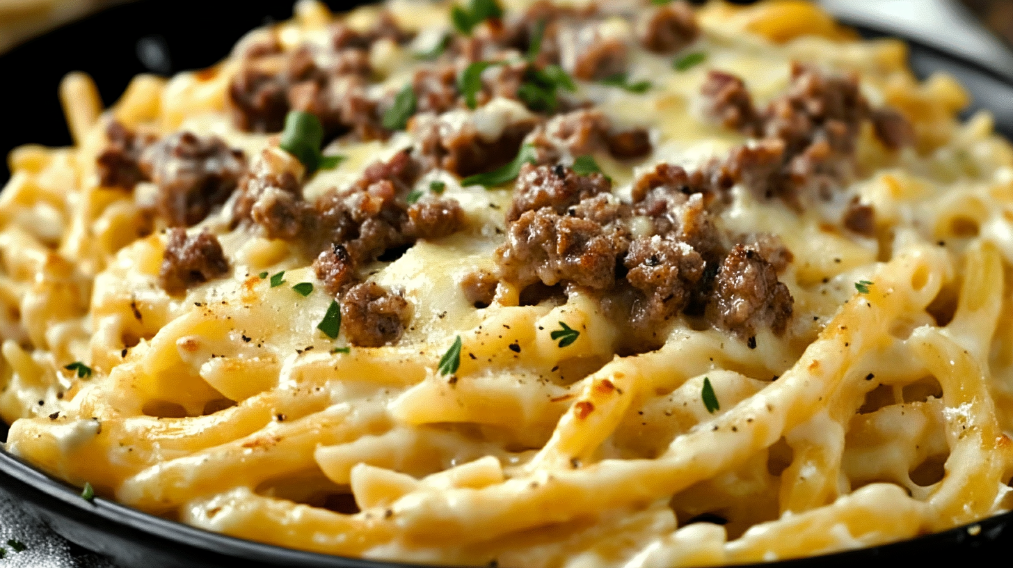 Creamy Cheeseburger Alfredo Pasta with seasoned ground beef, melted cheese, and fresh herbs served on a black plate