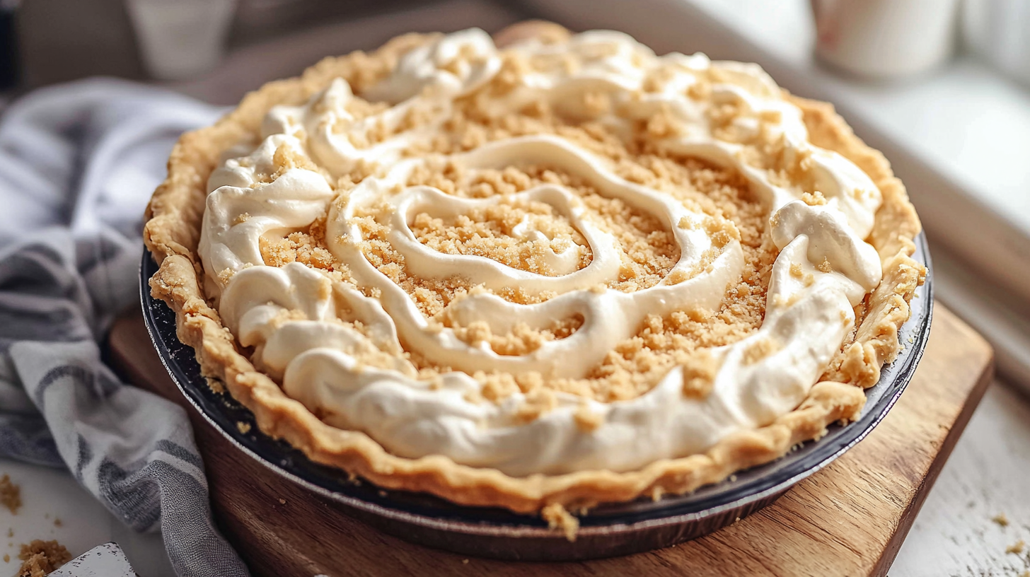Homemade Amish peanut butter cream pie with swirled topping on rustic wooden table