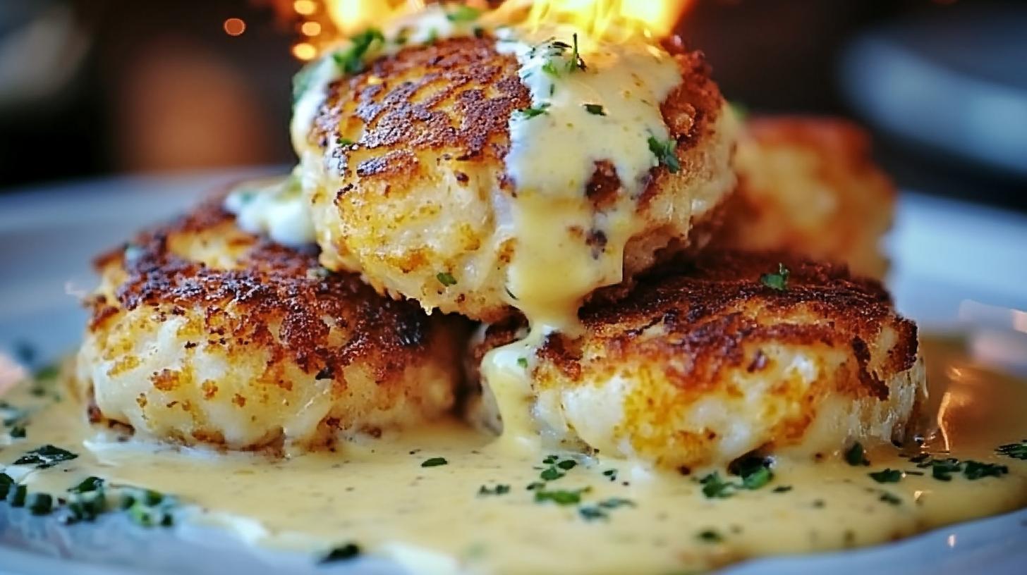 Golden-brown crab cakes with a crispy seared exterior stacked on a white plate, drizzled with creamy lemon butter sauce and garnished with fresh chopped parsley