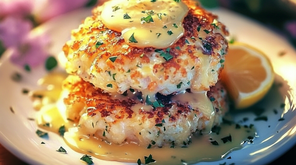 Close-up of stacked crab cakes with golden-brown sear marks, topped with lemon butter sauce and fresh parsley, served with a lemon wedge garnish