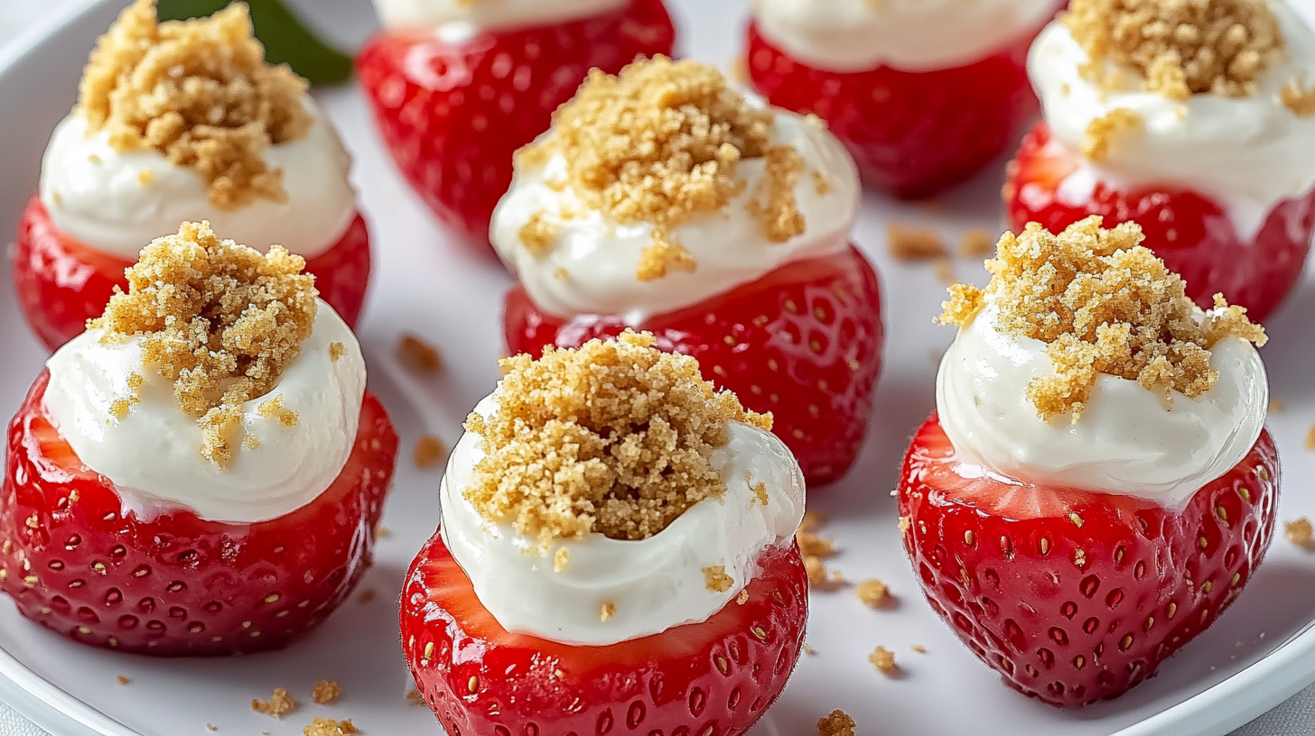 Fresh strawberries filled with creamy cheesecake and topped with graham cracker crumbs
