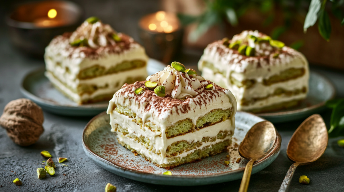 Three square portions of pistachio tiramisu on blue plates, topped with cocoa powder and chopped pistachios, with gold spoons beside them