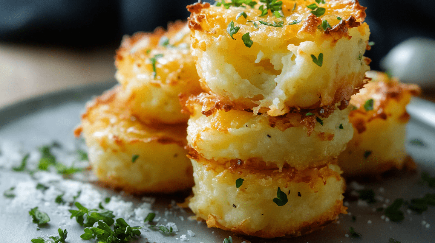 Stacked cheesy mashed potato puffs with crispy golden edges and fresh herbs, shown in a close-up macro shot with visible texture and melted cheese