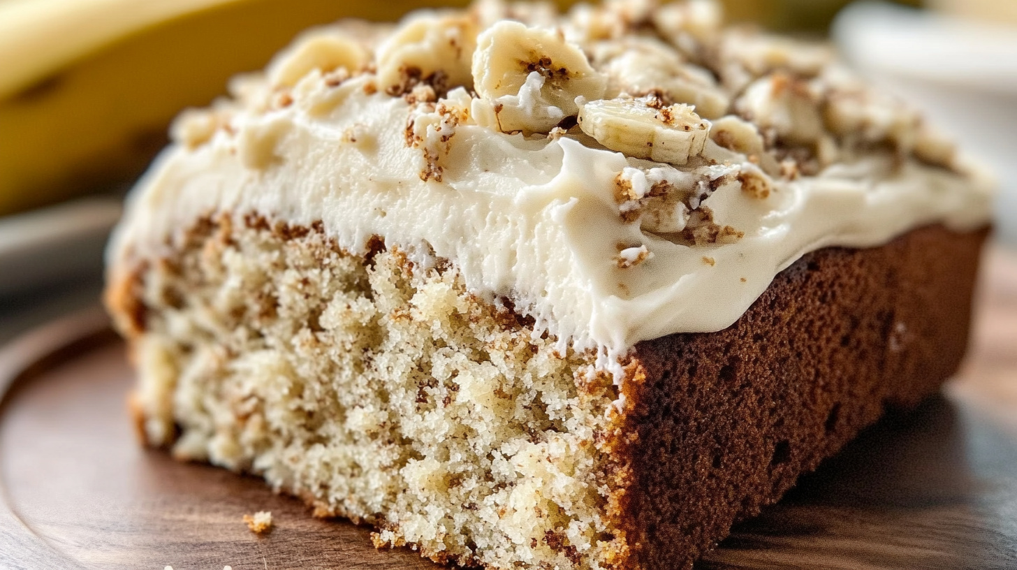 Close-up of a slice of banana bread cake topped with thick cream cheese frosting and garnished with chopped banana pieces, showing a moist, tender crumb texture
