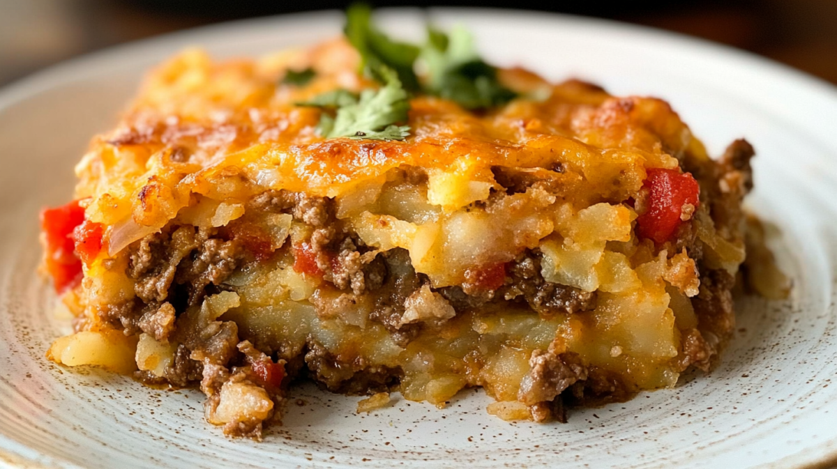 A serving of taco hashbrown casserole on a white plate showing layers of shredded potatoes, seasoned ground beef, red bell peppers, and melted cheddar cheese topped with fresh cilantro
