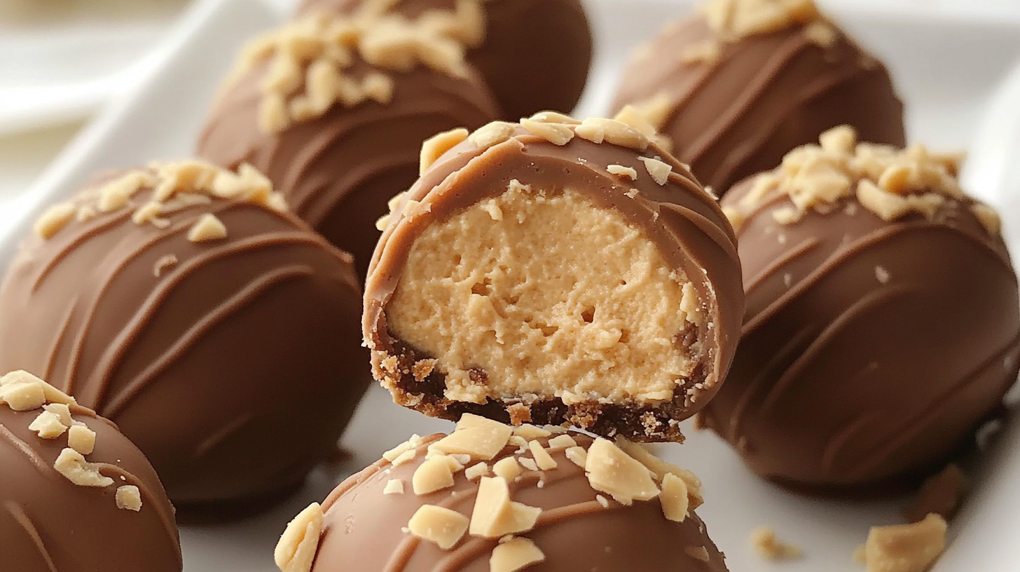 No-bake peanut butter cheesecake balls coated in milk chocolate and topped with crushed peanuts, with one ball cut in half showing creamy peanut butter filling