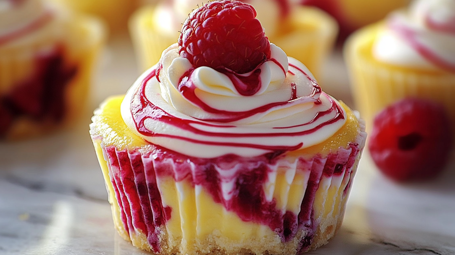 Individual lemon raspberry cheesecake cup with swirled topping and fresh raspberry garnish