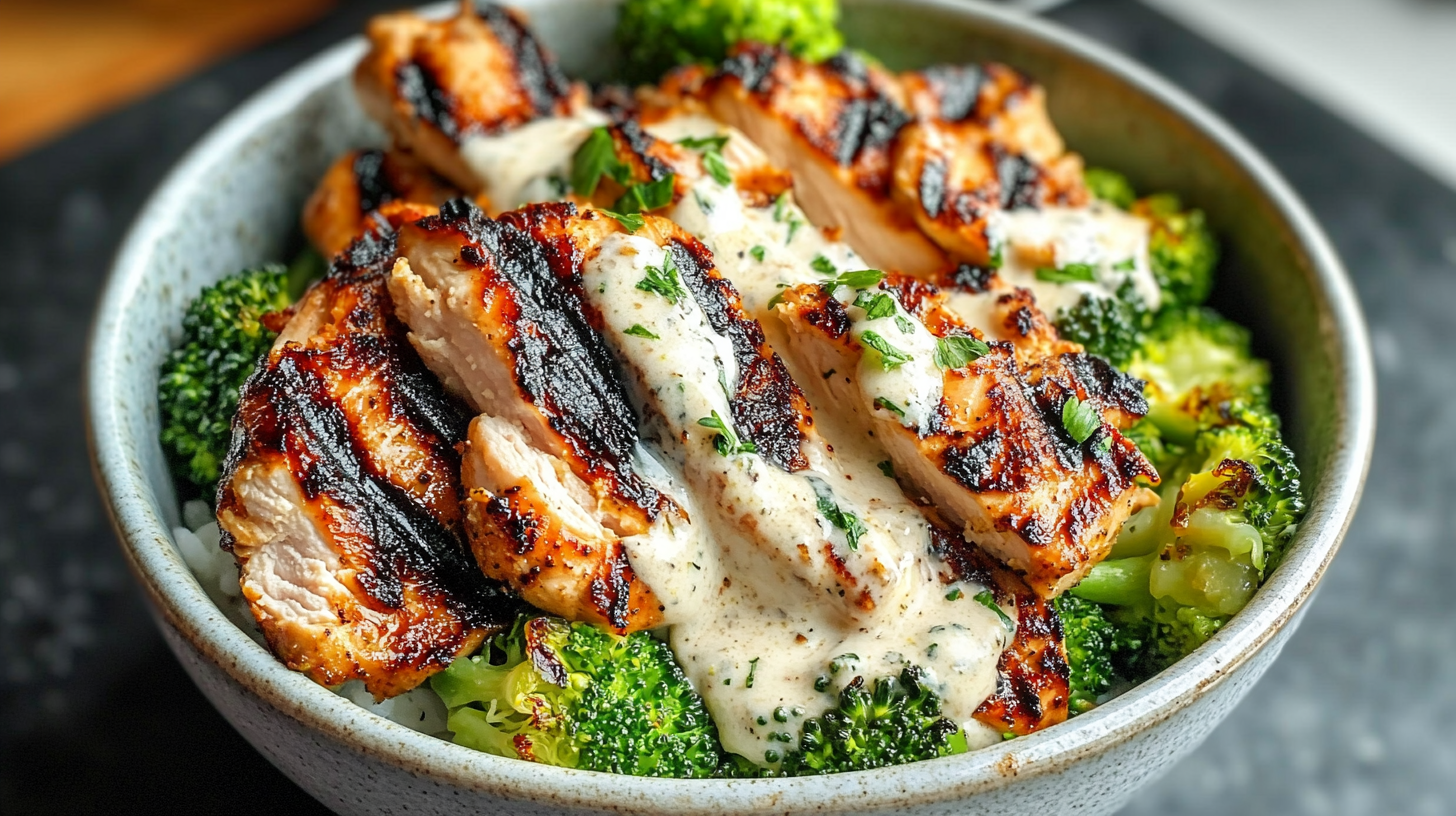 Grilled chicken and broccoli bowl with creamy white sauce, served over rice. The chicken shows dark grill marks and is sliced diagonally, drizzled with herb-flecked white sauce, alongside bright green charred broccoli florets in a speckled ceramic bowl.
