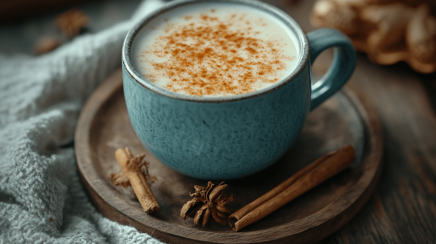"A turquoise ceramic mug filled with creamy cinnamon tea, topped with a sprinkle of ground cinnamon, served on a wooden plate with whole cinnamon sticks and star anise, alongside a cozy gray knit fabric