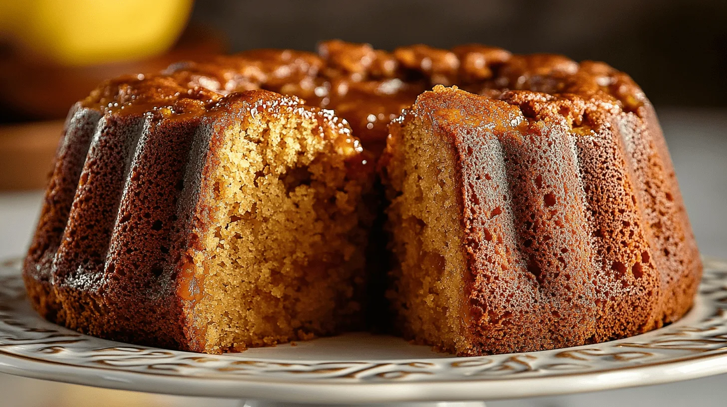 Sliced Amish Applesauce Cake on a decorative white plate, showing a moist, golden-brown interior with a glossy caramel glaze dripping down the fluted sides