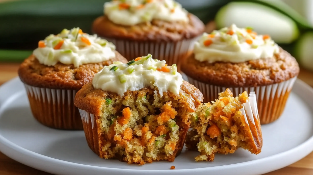 Close-up of carrot zucchini muffins on a white plate with cream cheese frosting topped with carrot and zucchini shreds. One muffin is broken open showing moist interior with visible carrot and zucchini pieces.