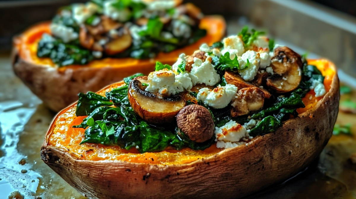 Baked stuffed sweet potatoes topped with sautéed spinach, mushrooms, and crumbled feta cheese on a baking sheet