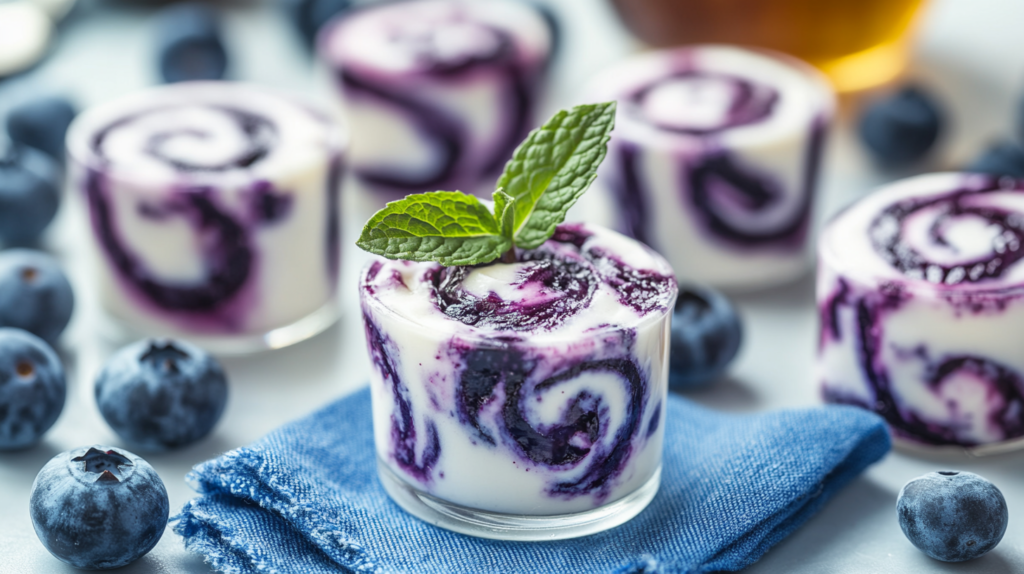 Serving suggestion for frozen blueberry yogurt bites with fresh mint
