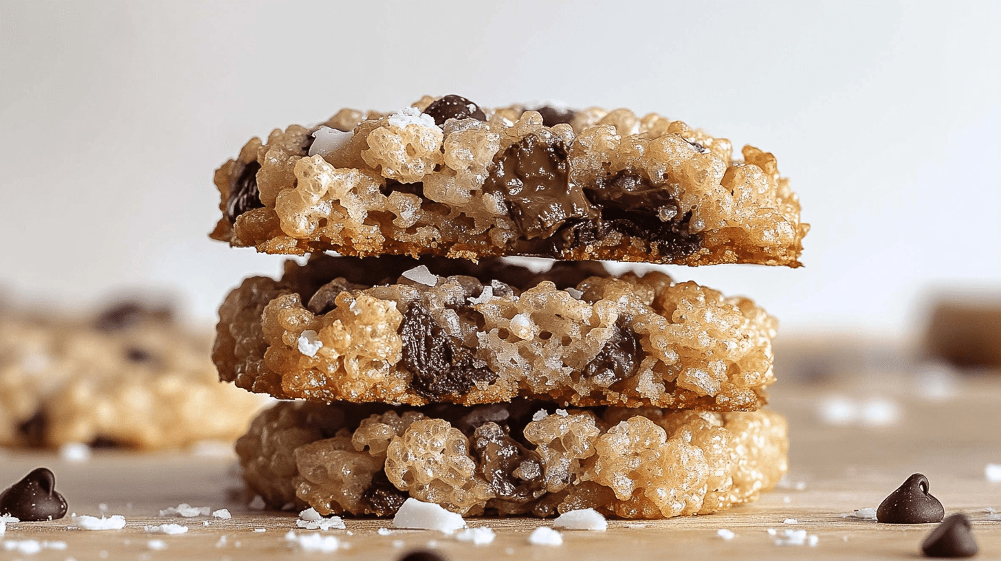 A macro close-up photo showing three stacked Rice Krispie chocolate chip cookies. The cookies have a golden-brown color with visible Rice Krispies cereal pieces, chocolate chips scattered throughout, and a sprinkle of sea salt on top. The cookies are placed on a wooden surface with a few loose chocolate chips in the foreground.