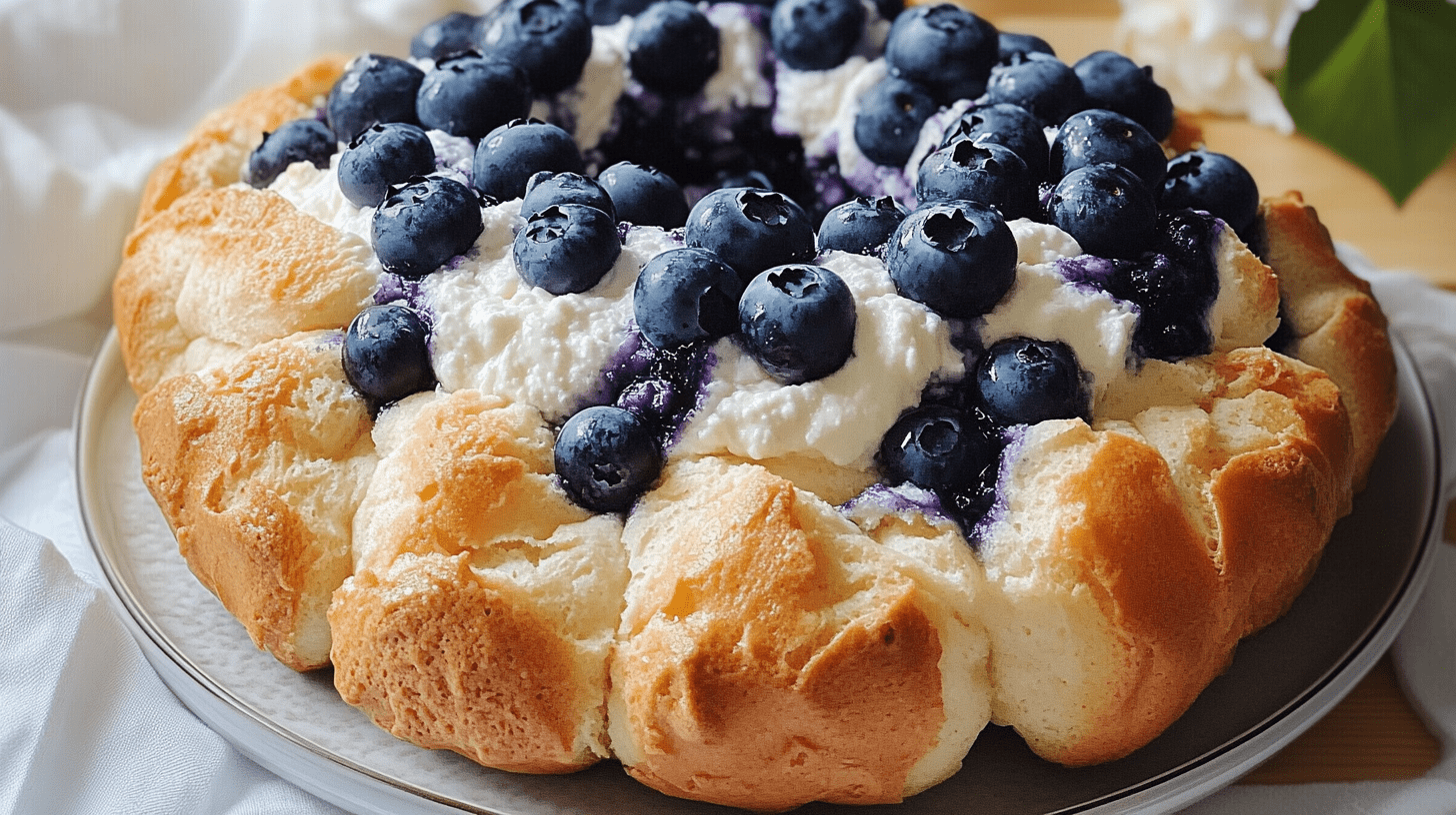Fluffy cloud bread topped with whipped cottage cheese and fresh blueberries, served on a white plate