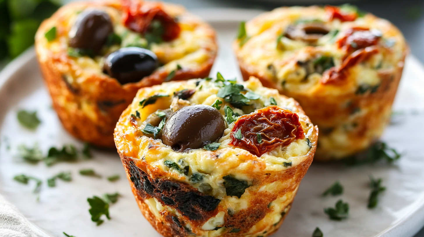 Close-up of Mediterranean egg muffins garnished with Kalamata olives, sun-dried tomatoes, and fresh herbs on a white plate. The muffins show a golden-brown exterior with visible chunks of vegetables and herbs throughout.