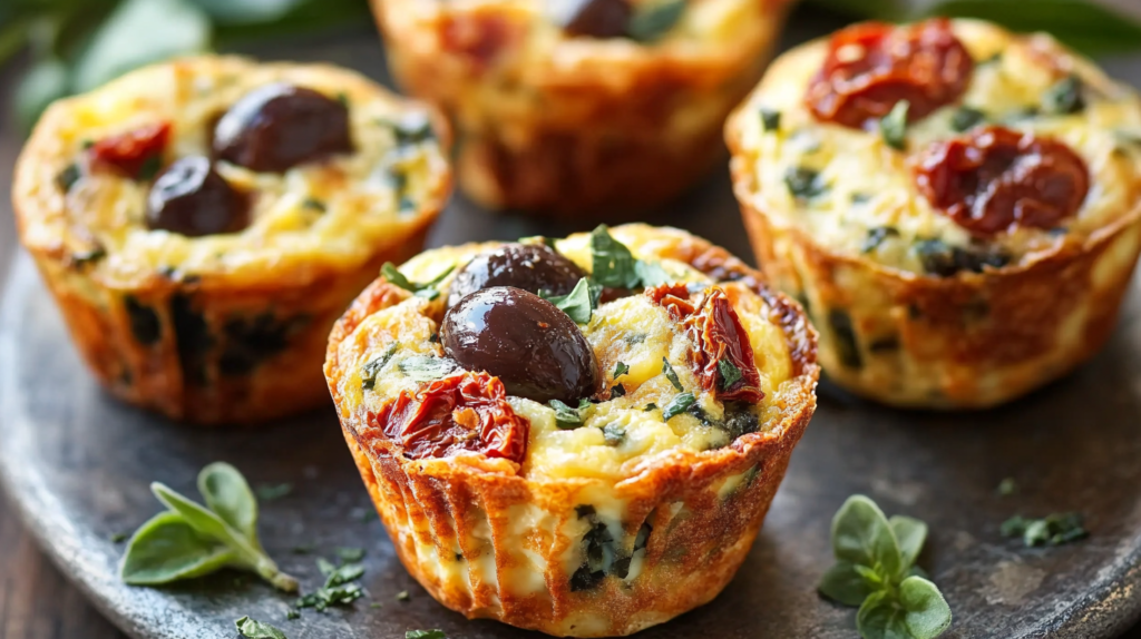 Macro photograph of Mediterranean egg muffins on a dark surface, featuring golden-brown edges, Kalamata olives, sun-dried tomatoes, and fresh herbs. Multiple muffins are shown with a detailed view of their texture and ingredients.