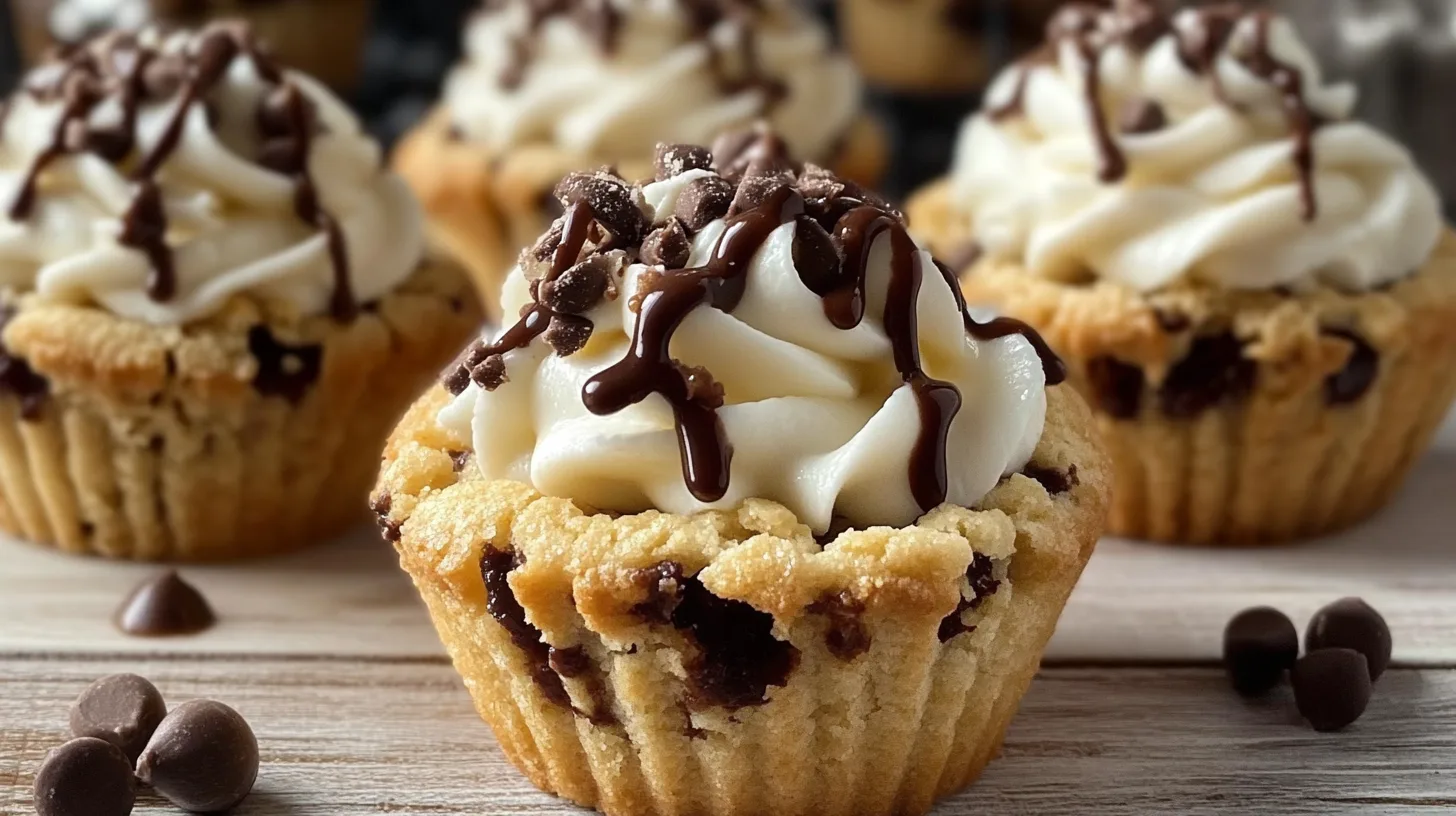 Chocolate chip cookie cup filled with whipped cream, topped with chocolate drizzle and mini chocolate chips on a rustic wooden surface