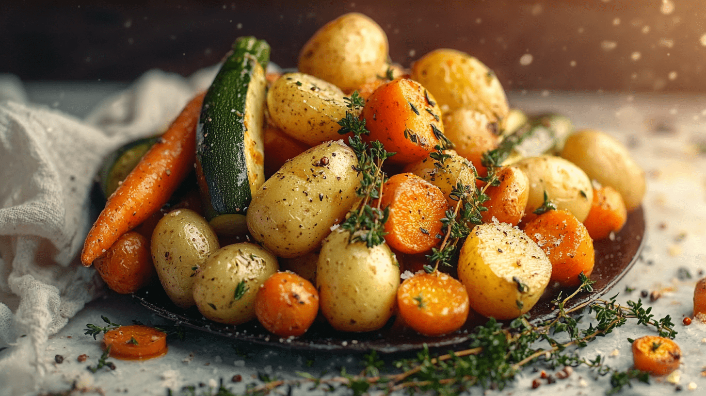 Roasted baby potatoes, carrots and zucchini seasoned with fresh thyme and black pepper on a dark plate