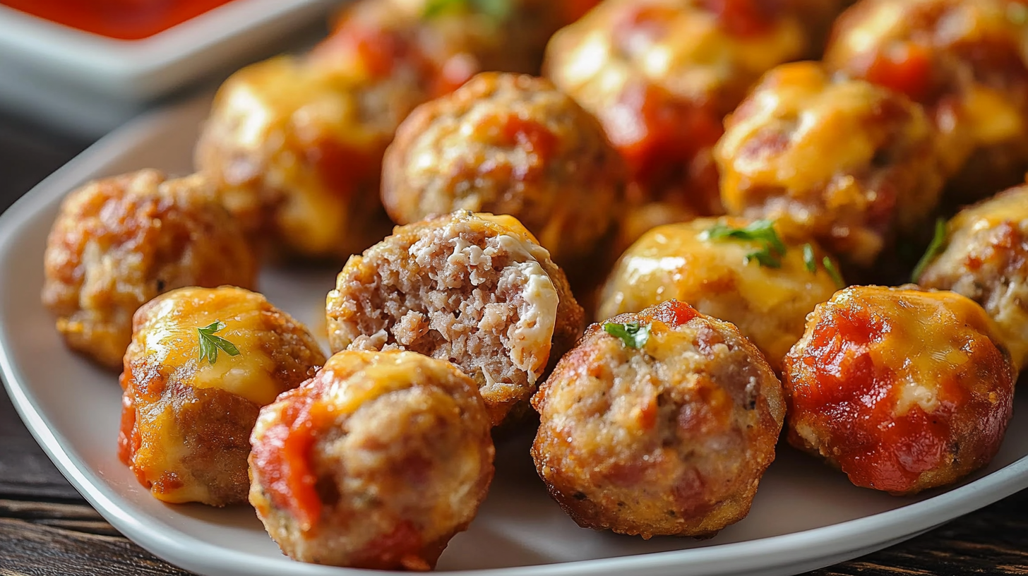 Close-up of golden-brown sausage balls on a white plate, topped with melted cheese and bits of red tomato, with one ball cut in half showing the moist interior.