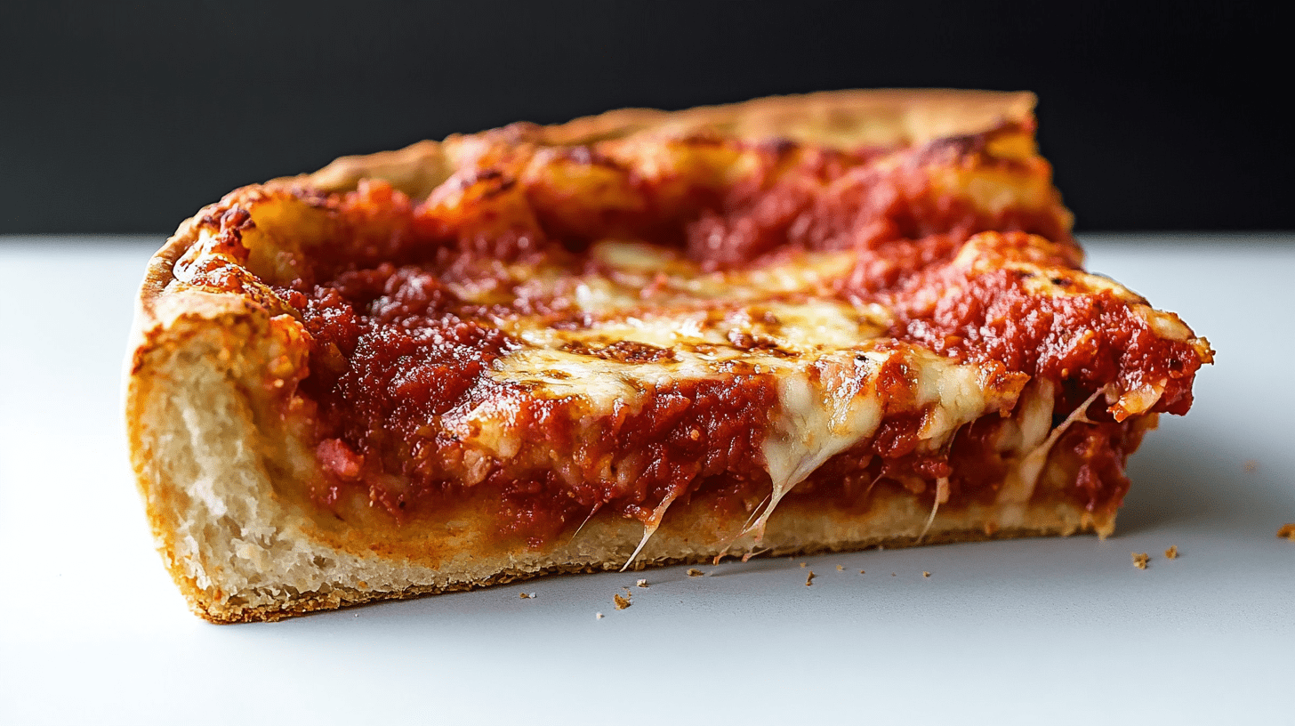 Close-up of a slice of Chicago-style deep dish pizza showing layers of golden crust, melted mozzarella, and chunky tomato sauce