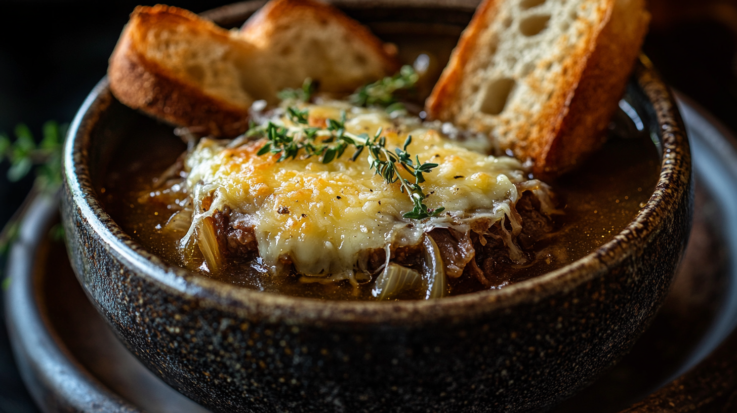 Steaming bowl of Short Rib French Onion Soup topped with melted Gruyère cheese