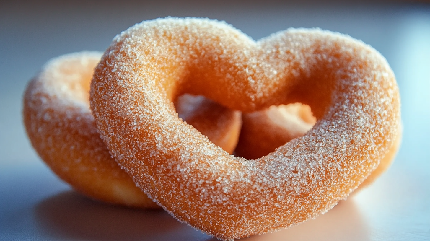 A heart-shaped donut coated in granulated sugar, photographed in macro detail showing the crystalline sugar texture against the golden-brown surface