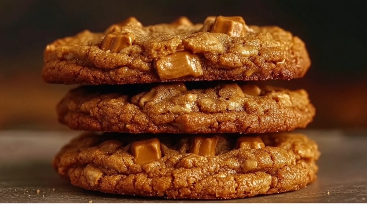 Stack of three homemade Reese's peanut butter cookies with visible peanut butter cup chunks