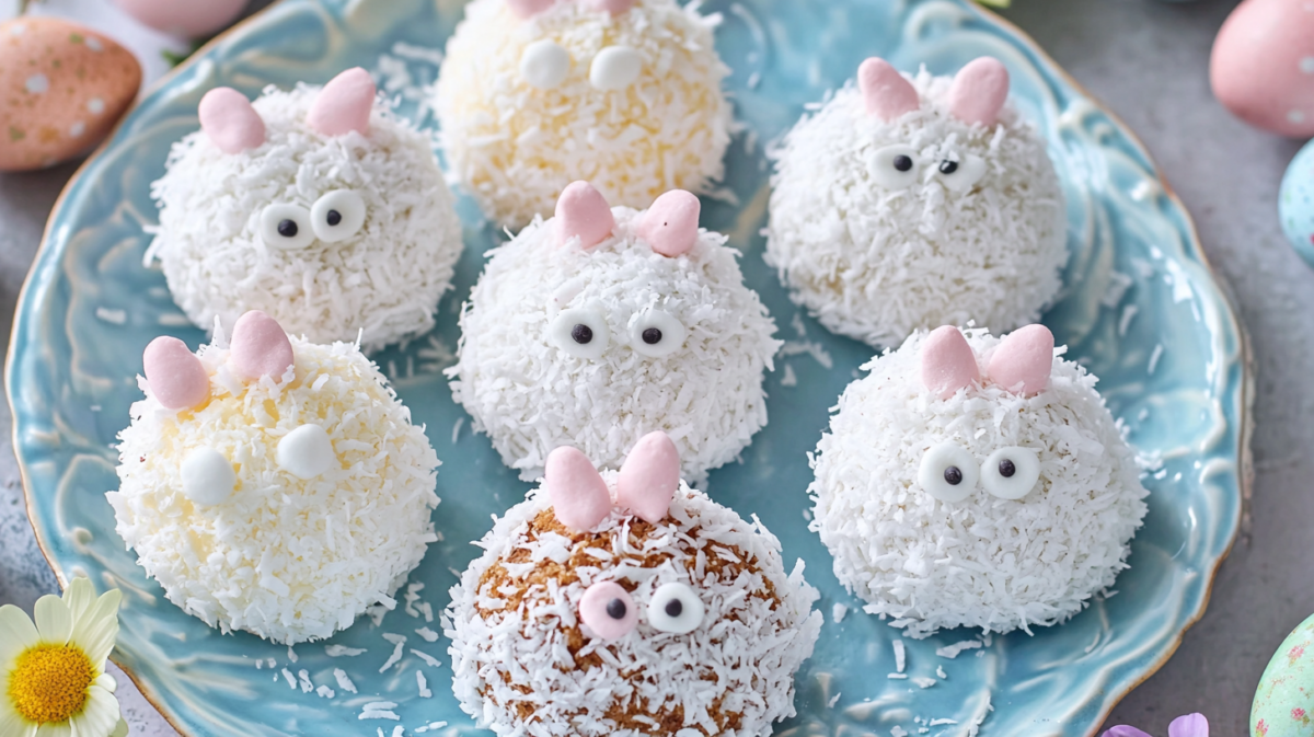 Easter Bunny Coconut Tails decorated with candy eyes and marshmallow tails on a spring-themed platter